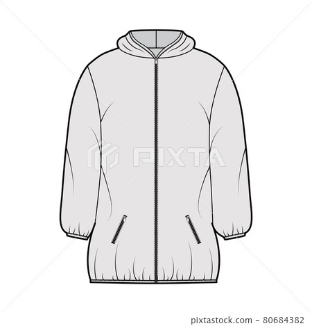 Down puffer coat jacket technical fashion illustration with long sleeves, hoody collar, zip-up closure, thigh length Down puffer coat jacket technical fashion illustration with long sleeves, hoody collar, zip-up closure, thigh length 80684382