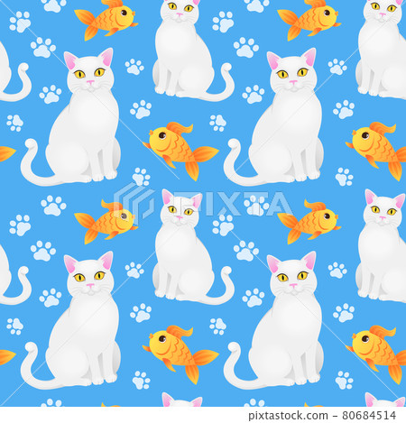 Seamless pattern with white cat and goldfish. Seamless pattern with white cat and goldfish. 80684514