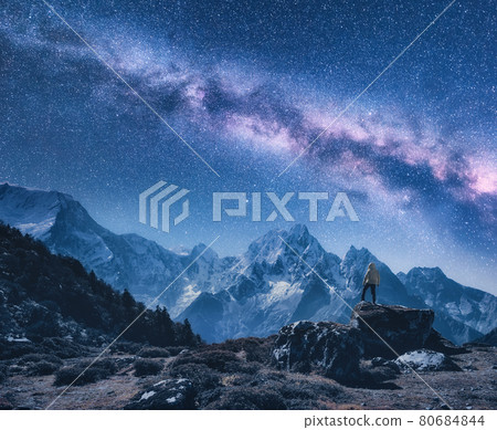 Silhouette of a standing man and Milky Way at night in Nepal Silhouette of a standing man and Milky Way at night in Nepal 80684844