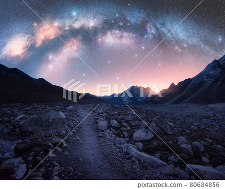 Arched Milky Way and mountains at night. Beautiful landscape Arched Milky Way and mountains at night. Beautiful landscape 80684856