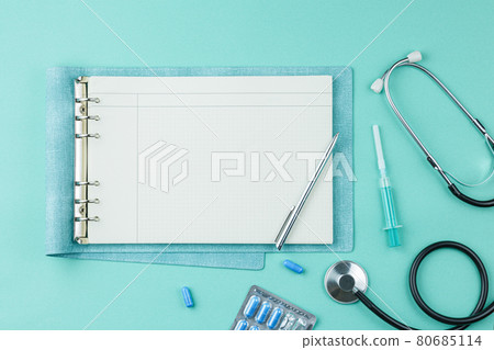 Medical supplies and medicines on the table. 80685114