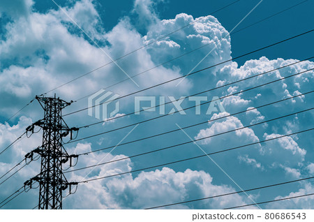 Transmission tower and cumulonimbus clouds rising d-3 Deep blue Transmission tower and cumulonimbus clouds rising d-3 Deep blue 80686543