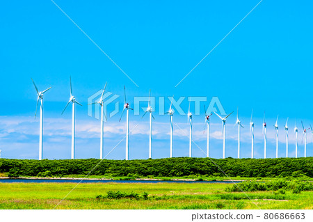 Windmills at the Otonrui Wind Power Plant in the Sarobetsu Wilderness, Horonobe-cho, Hokkaido Windmills at the Otonrui Wind Power Plant in the Sarobetsu Wilderness, Horonobe-cho, Hokkaido 80686663