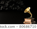 Old antique Gramophone or Phonograph and black music notes in dark black background. It's a popular mythical music player. It works by wind up. The concept of music and aesthetics. 80686710