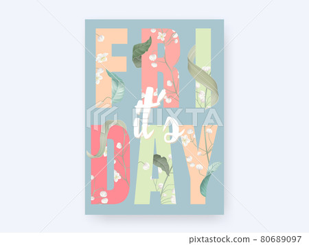 Floral typographic poster, pink rose, white Thalictrum delavayi flowers and leaves 80689097