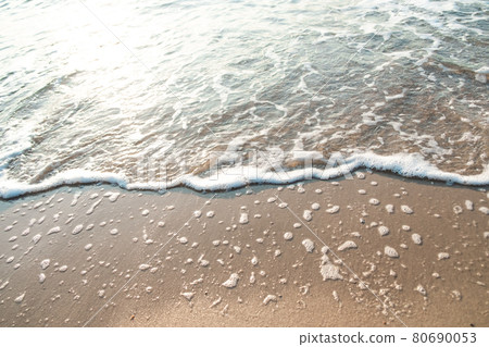 Close Up Wave Sand Beach Sea Foam.  Closeup of sea wave with foam on beach sand. Vacation Summer background 80690053