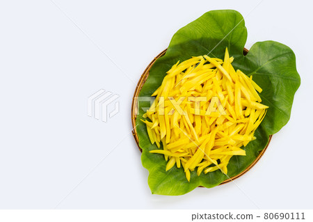 Preserved bamboo shoot in bamboo basket on white background. Preserved bamboo shoot in bamboo basket on white background. 80690111