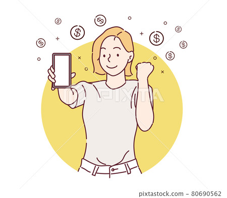 Woman showing at blank screen mobile phone and hand gesture success for win money reward. Hand drawn in thin line style, vector illustrations. 80690562