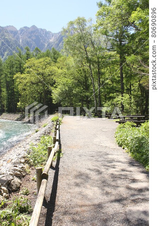 A promenade with a spectacular view along the Azusa River in the fresh green of Shinshu Kamikochi 80690896