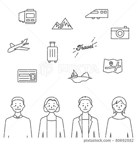 旅行插圖/人物和圖標集（白色背景/線條畫/矢量/剪紙） 80692082