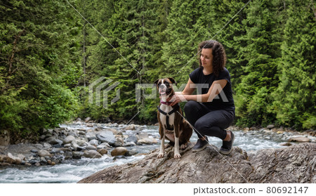 Woman hiking with Boxer Dog in the Canadian Nature Woman hiking with Boxer Dog in the Canadian Nature 80692147