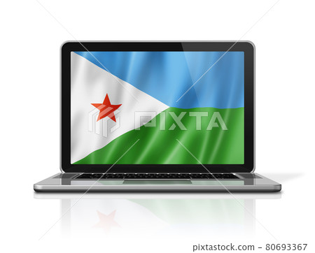 Djibouti flag on laptop screen isolated on white. 3D illustration Djibouti flag on laptop screen isolated on white. 3D illustration 80693367
