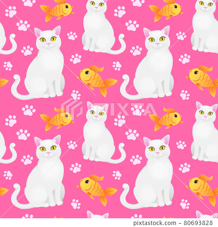 Seamless pattern with white cat and goldfish. Seamless pattern with white cat and goldfish. 80693828
