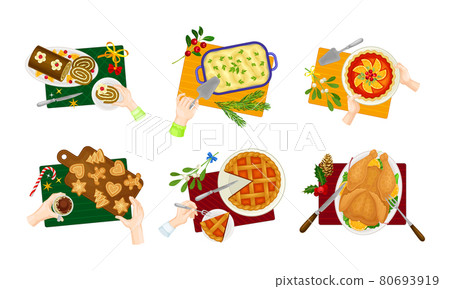 Human Hand and Served Pie and Meat on Plate as Traditional Christmas Eve Dish and Dessert Above View Vector Set 80693919
