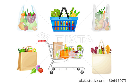 Grocery Bag and Basket Full of Food and Products from Market Vector Set 80693975