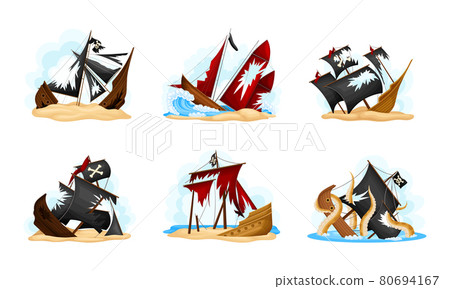 Wreckage of Pirate Ship or Vessel with Ripped Black and Red Sail Vector Set Wreckage of Pirate Ship or Vessel with Ripped Black and Red Sail Vector Set 80694167