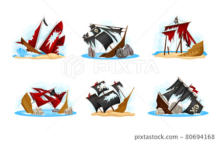 Wreckage of Pirate Ship or Vessel with Ripped Black and Red Sail Vector Set Wreckage of Pirate Ship or Vessel with Ripped Black and Red Sail Vector Set 80694168