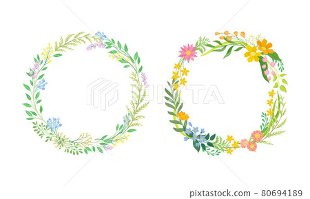 Wreath of Blooming Flower Branch and Foliage as Nature Vector Composition Set 80694189