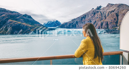 Alaska Glacier bay cruise ship travel tourist looking at icebergs inside passage from balcony deck view Scenic cruising vacation destination panoramic banner Alaska Glacier bay cruise ship travel tourist looking at icebergs inside passage from balcony deck view Scenic cruising vacation destination panoramic banner 80694260