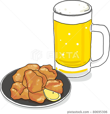 冰鎮啤酒和炸雞的手繪風格插畫 冰鎮啤酒和炸雞的手繪風格插畫 80695306