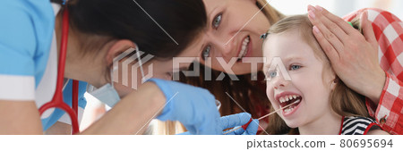 Doctor taking buccal dna swab from little girl in clinic Doctor taking buccal dna swab from little girl in clinic 80695694