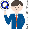 Image illustration of a young businessman holding a question mark 80695764