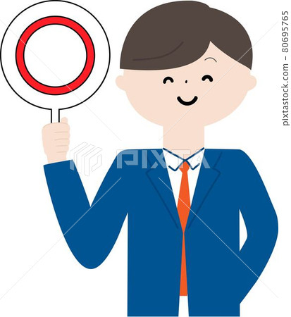 拿著正確答案標記的年輕商人的圖像例證 拿著正確答案標記的年輕商人的圖像例證 80695765