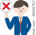 Image illustration of a young businessman holding an incorrect answer mark 80695767