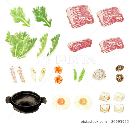 用水彩筆繪製的壽喜燒配料插圖集 80695933