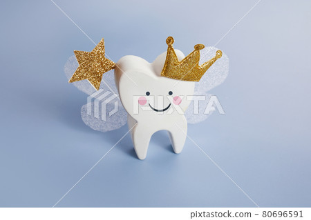 National Tooth Fairy Day. Children tooth fairy. Cute tooth with wings, a crown. 80696591