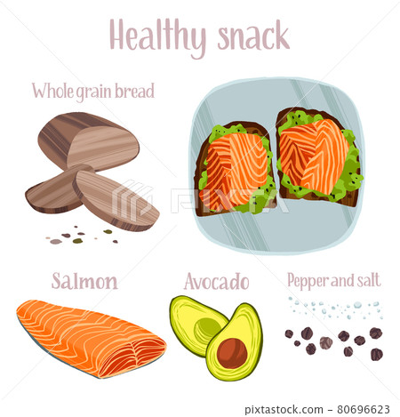 Healthy snack hand drawn recipe. Delicious ready dish with ingredients in flat style with dry brush texture. 80696623