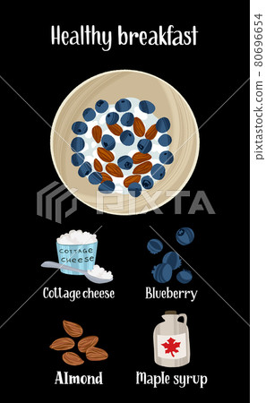 Healthy breakfast hand drawn recipe. Delicious ready dish with ingredients in flat style with dry brush texture. 80696654