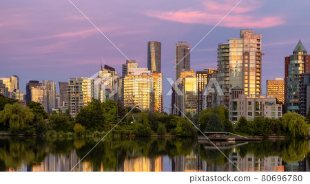 View of Lost Lagoon in famous Stanley Park in a modern city with buildings skyline View of Lost Lagoon in famous Stanley Park in a modern city with buildings skyline 80696780