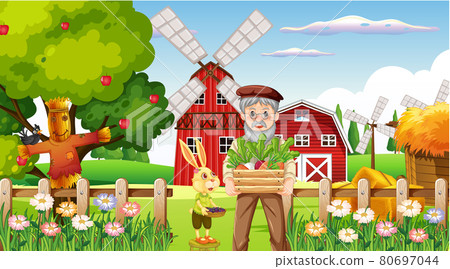 Farm scene with old farmer man and farm animals - Stock Illustration ...