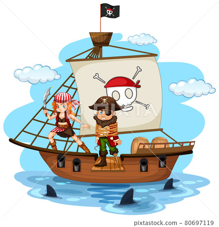 Pirate concept with a man cartoon character walking the plank on the ship isolated Pirate concept with a man cartoon character walking the plank on the ship isolated 80697119