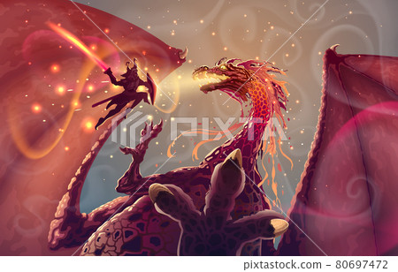 Brave samurai with sword attacks a Japanese dragon in flight, fantasy illustration with battle of warrior and reptile monster. Magic asian landscape with fire breathing dragon and fighter silhouette. 80697472