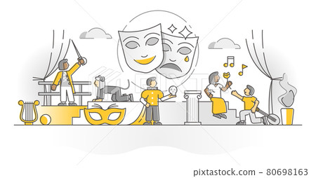 Theater show art form with acting stage actors monocolor outline concept Theater show art form with acting stage actors monocolor outline concept 80698163