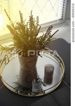 Bouquet of a lavender in a bucket on a table at the window. Interior design decor element. Home interior Bouquet of a lavender in a bucket on a table at the window. Interior design decor element. Home interior 80698318