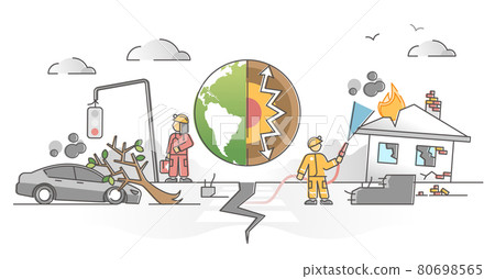 Earthquake seismic waves destruction with emergency services outline concept Earthquake seismic waves destruction with emergency services outline concept 80698565