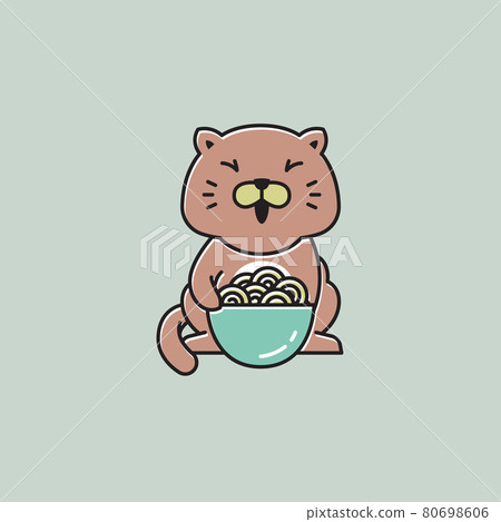 Fat Cat Happy Eating Noodle Flat Cartoon Mascot Illustration Fat Cat Happy Eating Noodle Flat Cartoon Mascot Illustration 80698606
