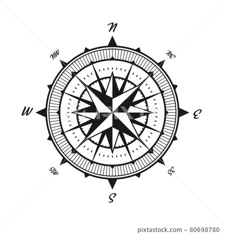 Vintage marine wind rose, nautical chart. Monochrome navigational compass with cardinal directions Vintage marine wind rose, nautical chart. Monochrome navigational compass with cardinal directions 80698780