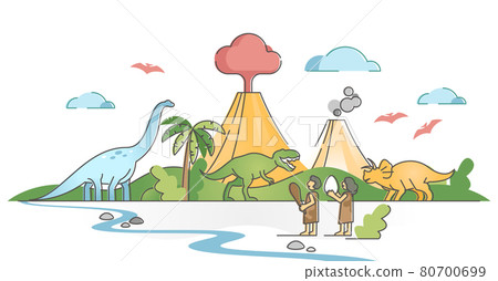 Dinosaurs landscape scene with jurassic humans and animals outline concept 80700699