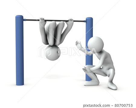A person hanging on a horizontal bar. Friends to play with. White background. 3D rendering. A person hanging on a horizontal bar. Friends to play with. White background. 3D rendering. 80700753