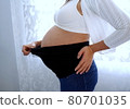 The picture of the big belly of a pregnant woman. one hand holding her jean and one hand touching her back. standing next to the window. 80701035