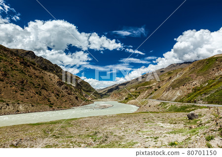 Chandra river in Lahaul valley in Himalayas 80701150