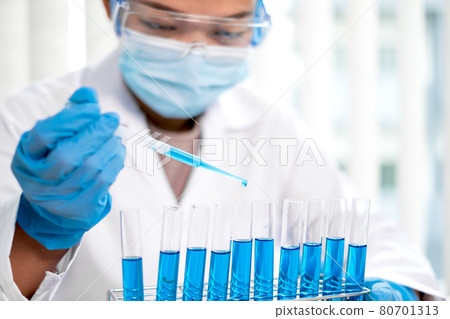 Medical scientists released a sample pipette into a test tube to analyze the virus in a chemical laboratory. Scientific research concepts 80701313