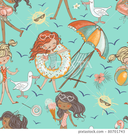 Seamless pattern with cute girls relaxing on... - Stock Illustration ...