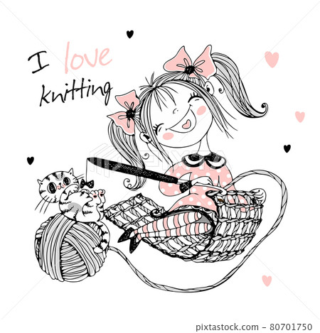 Cute girl needlewoman with a cat knits crochet. Vector 80701750