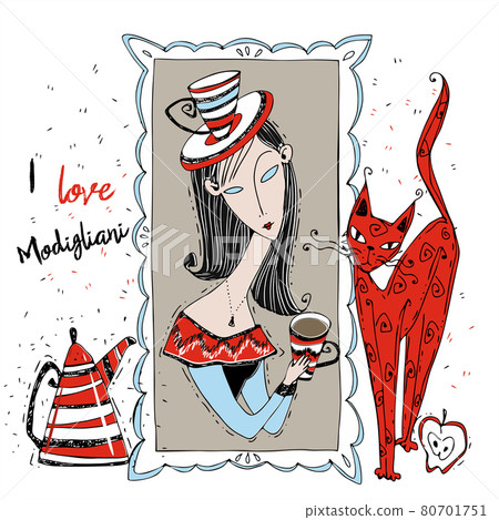 I love Modigliani. Painting with a lady in the Art Nouveau style. Modigliani art. Vector. A lady with a cat 80701751