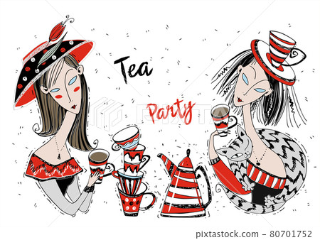Tea party. Girls friends drink tea. Art Nouveau style. Modigliani art. Vector 80701752